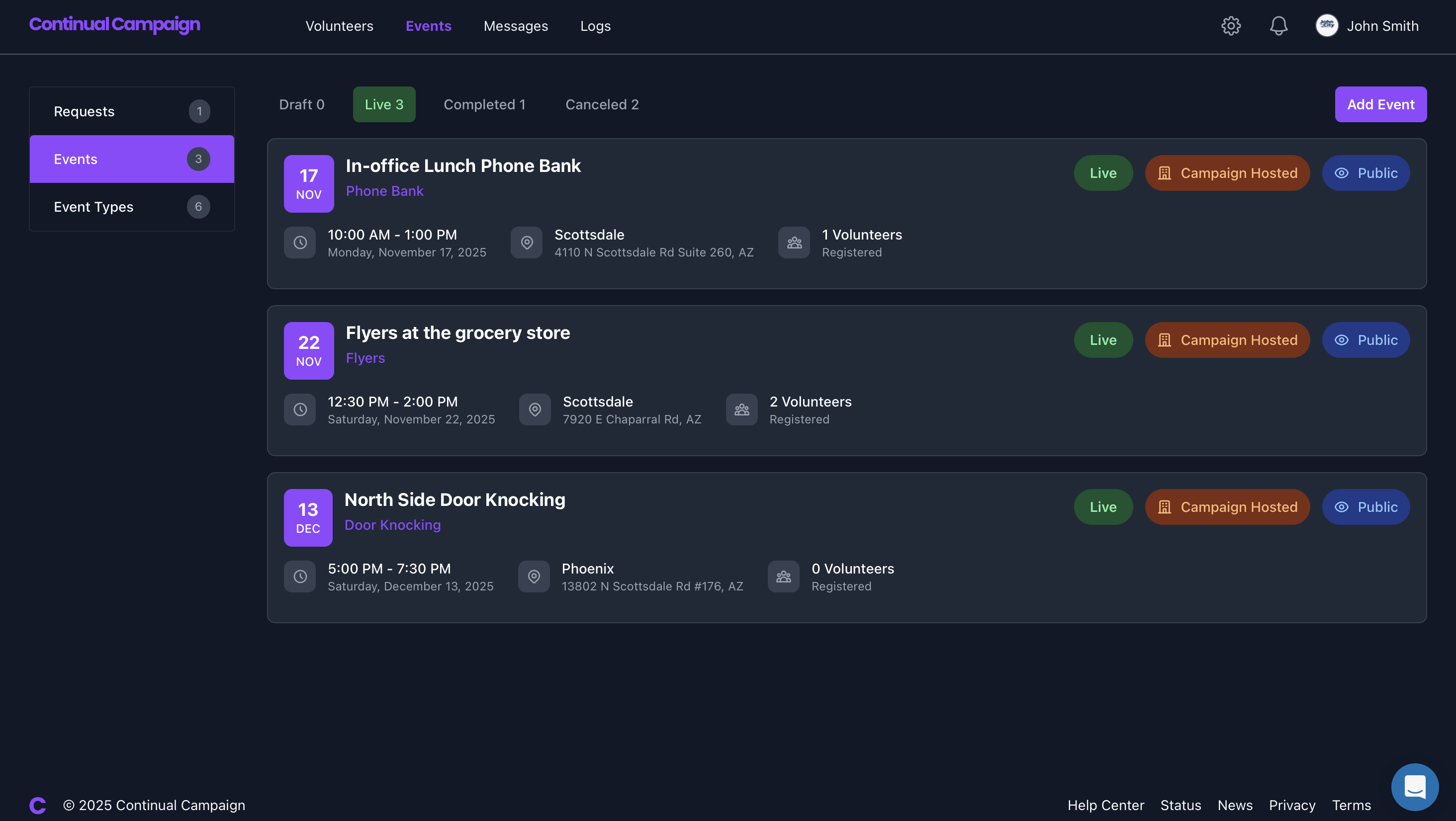 Events screenshot (dark)