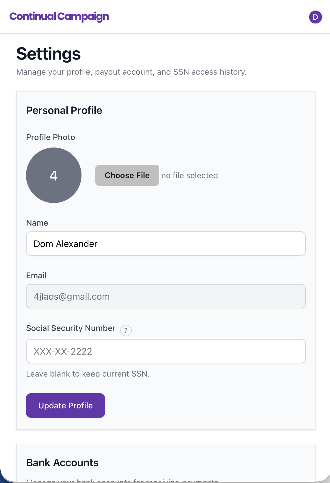 Contractor Profile & Bank Setup
