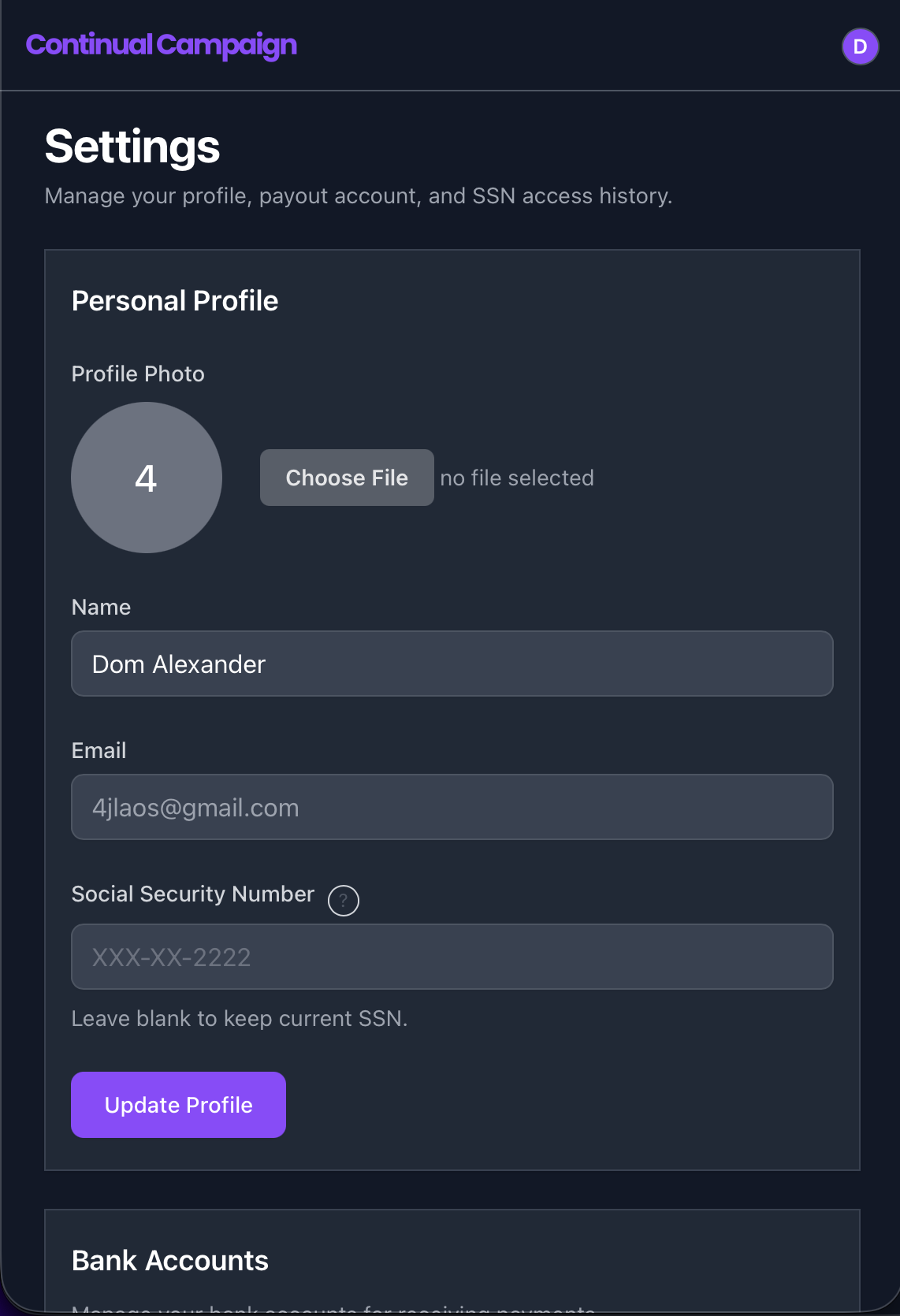 Contractor Profile & Bank Setup (dark)