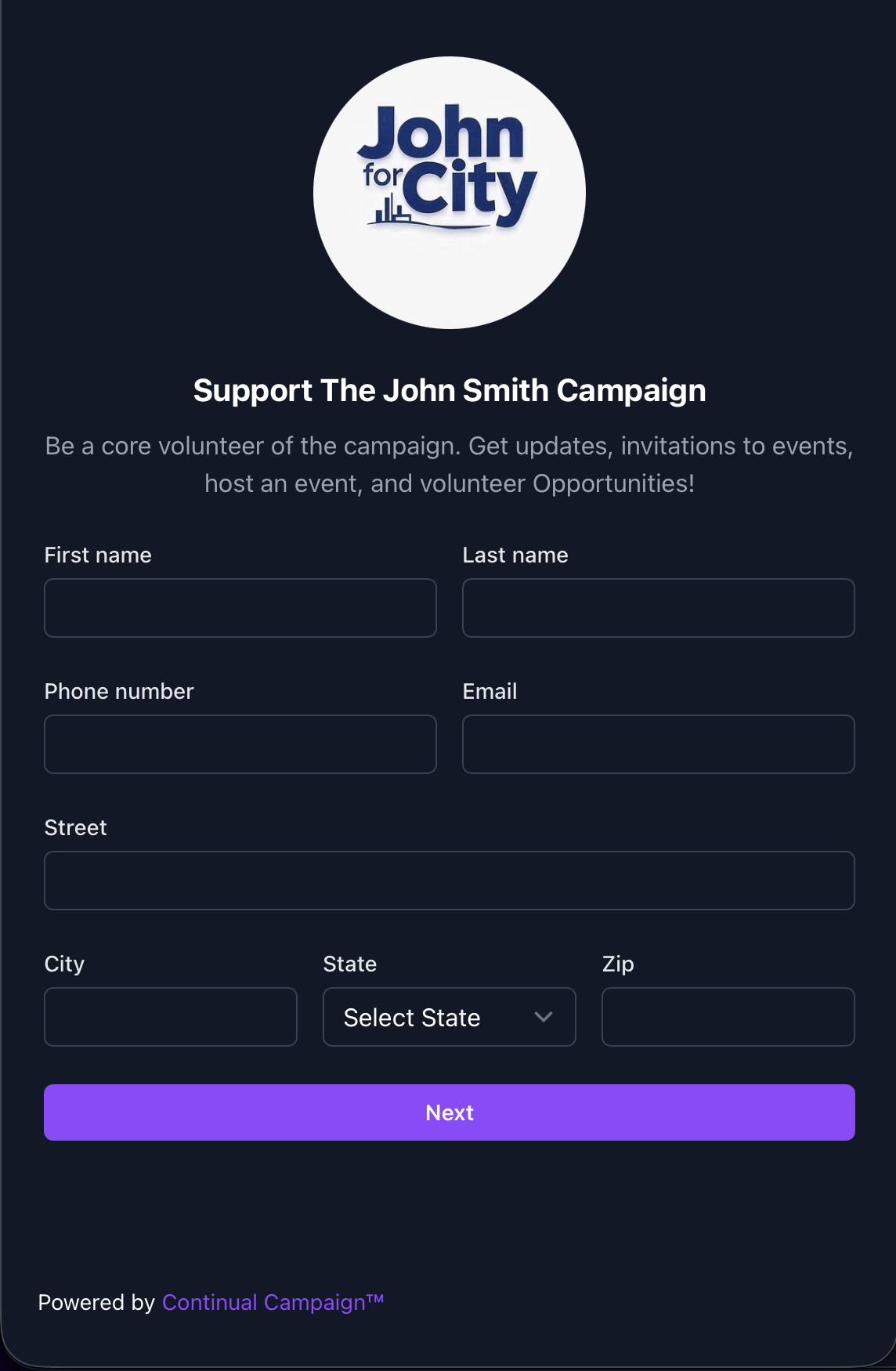 Volunteer Signup Screen (dark)