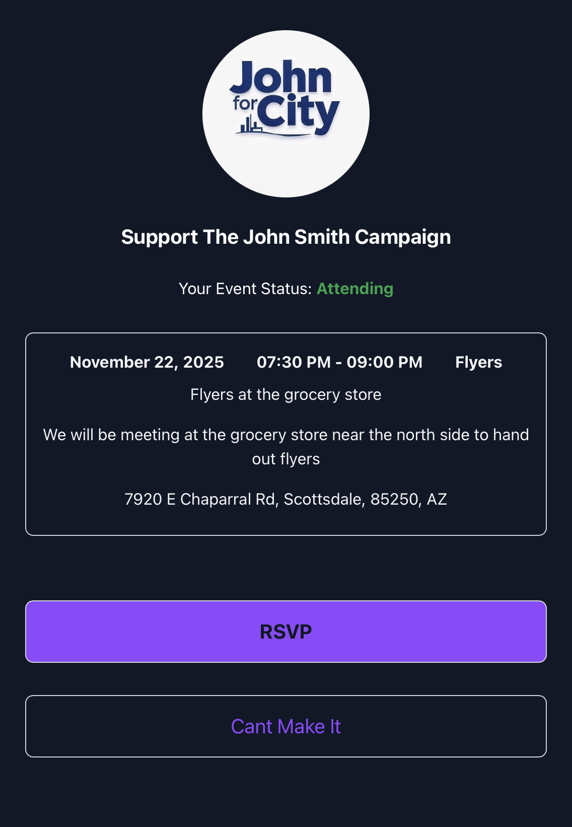 rsvp screenshot (dark)